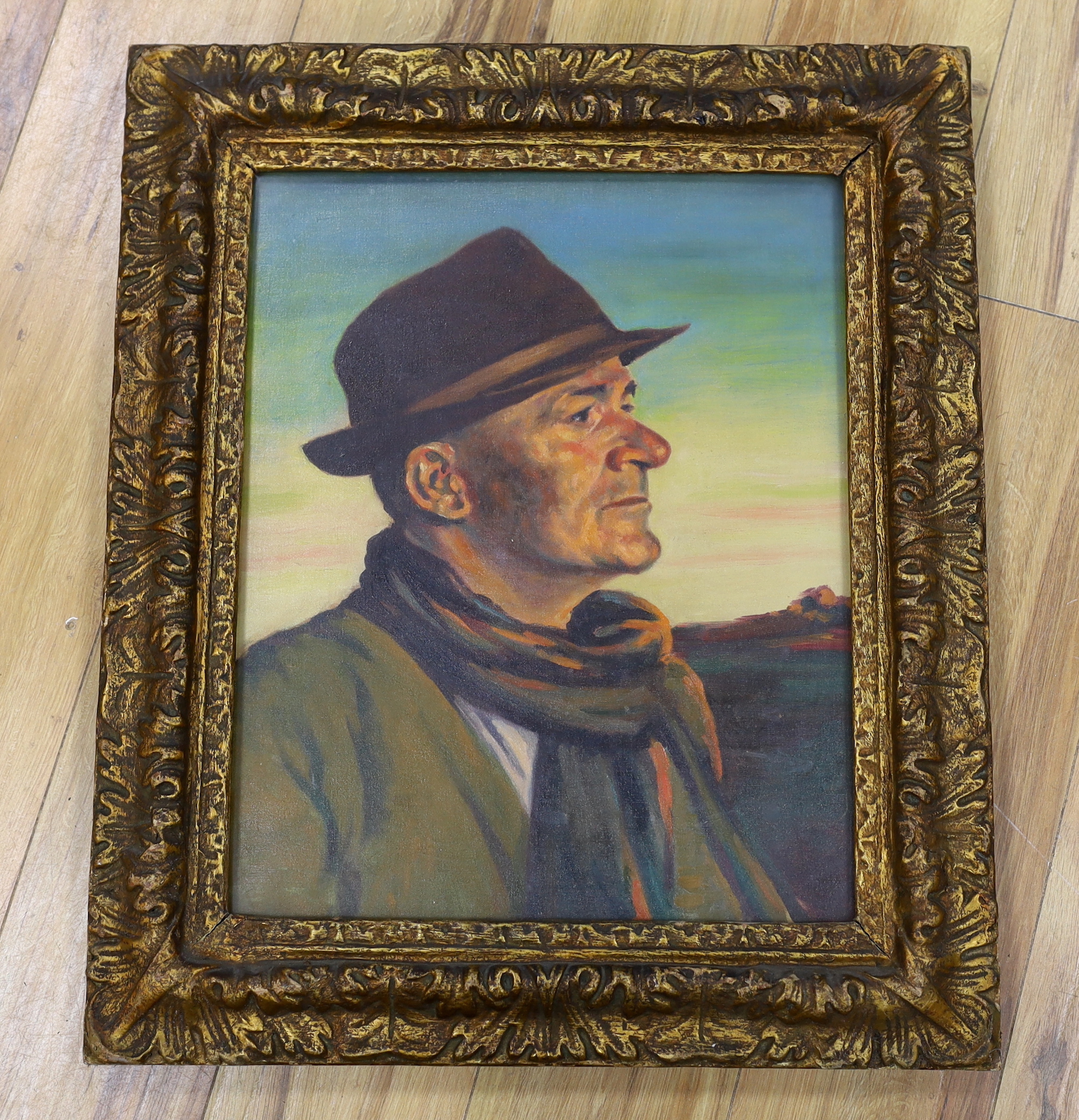 20th century English School, oil on canvas, Portrait of a gentleman, inscribed verso H. Russell, 49 x 39cm